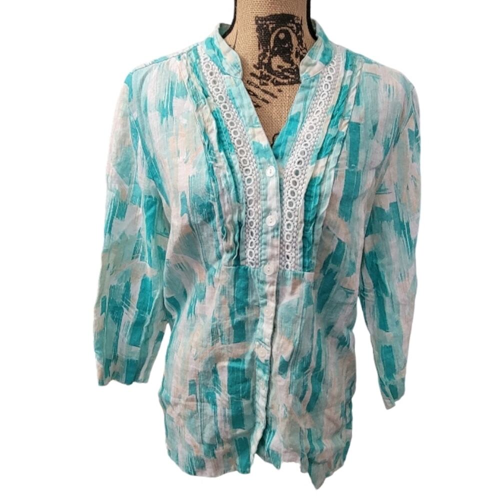 Size 16 JM Collection linen blouse, teal, white & tan watercolor print